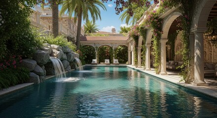 Fototapeta premium Luxurious outdoor swimming pool with waterfalls, arches, and lush landscaping.