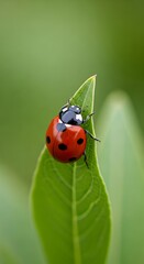 Obraz premium Ladybug resting on a vibrant green leaf in nature.