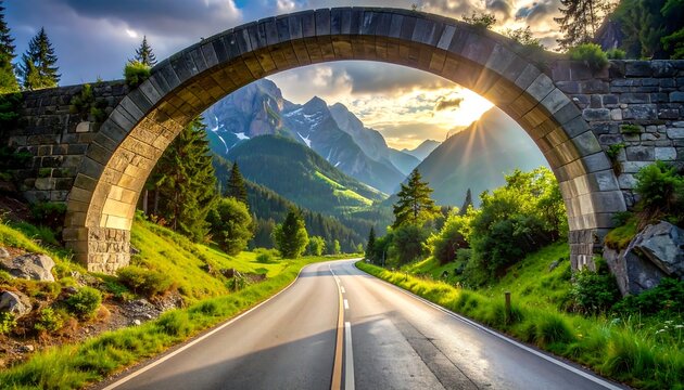 Scenic Mountain Road Through a Historic Stone Arch Bridge at Sunrise.