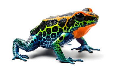 Vibrant poison dart frog with striking red, blue, and black markings pattern, captured in stunning detail on isolated white background.