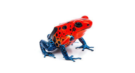Vibrant poison dart frog with striking red, blue, and black markings pattern, captured in stunning detail on isolated white background.