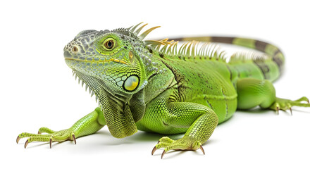 Fototapeta premium Captivating green iguana showcases intricate scales and vivid yellow accents on a crisp isolated white backdrop, ideal for educational, wildlife, or exotic themes.