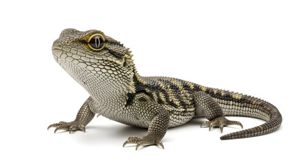 Fototapeta premium Discover the fascinating details of this scaly reptile, its watchful golden eye and intricate texture bringing nature's wild beauty to life. Natural themes on isolated white background.