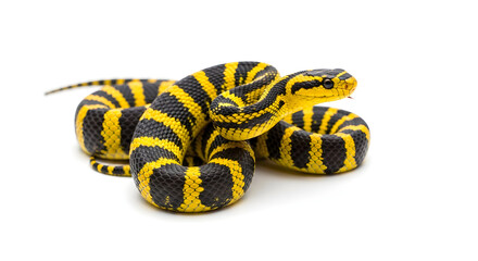Obraz premium A vibrant yellow and black striped snake coiled in a striking pose, exuding danger and fascination, perfect for illustrating wildlife, nature, or conservation themes on isolated white background.