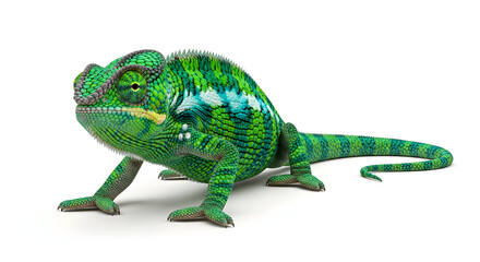 Obraz premium A vibrant green chameleon in a dynamic pose, showcasing its intricate scales and texture on isolated white background, perfect for commercial use in design, education, or inspiration.
