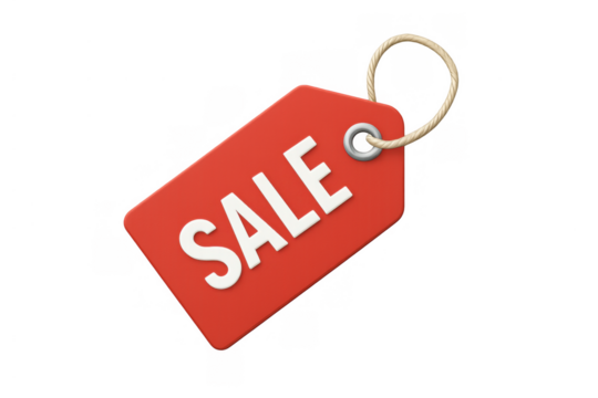 Red 3d price tag displaying sale, showcasing a discount, promotion, and retail shopping marketing concept on transparent background
