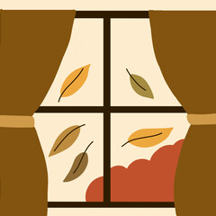 Cozy Autumn Window with Falling Leaves Illustration