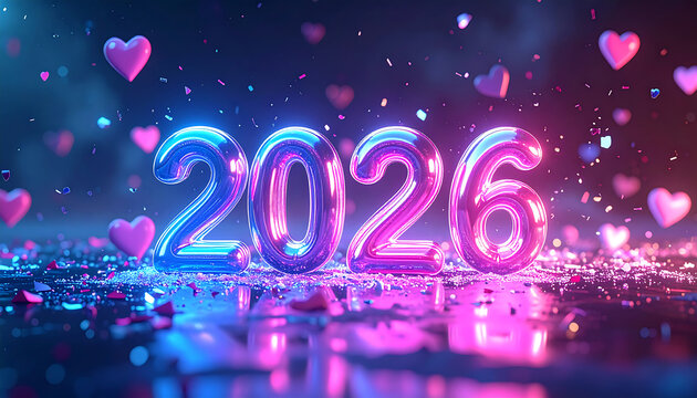 Happy New Year 2026 Celebration with Hearts and Confetti.
