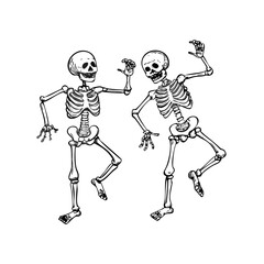dancing skeletons in humorous poses set isolated hand drawn sketch card design element line art detailed vector illustration
