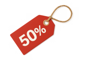 Red price tag showing a 50 percent discount hanging with string, symbolizing sale, offer, and promotional shopping