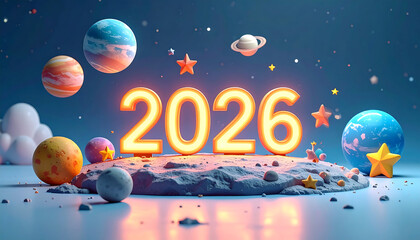 Happy New Year 2026 with Planets and Stars.