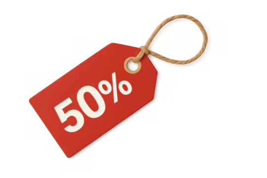Red price tag showing a 50 percent discount hanging with string, symbolizing sale, offer, and promotional shopping