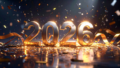 Golden 2026 New Year Celebration with Confetti and Ribbons.