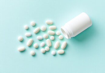 Pills scattered from white bottle on light blue background