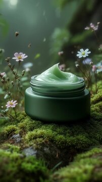 A matte green cosmetic face mask jar product on moss with tiny wildflowers around