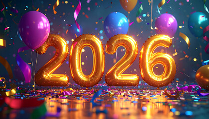 Happy New Year 2026 Celebration with Balloons and Confetti.