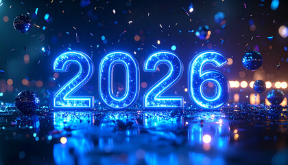 Happy New Year 2026 Glowing Neon Numbers with Bokeh Lights and Confetti.