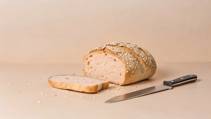 Half loaf of bread with sesame seeds and a slice, with knife
