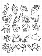 Collection of cute hand-drawn sea creatures and shells on a white background, perfect for children's designs and educational materials
