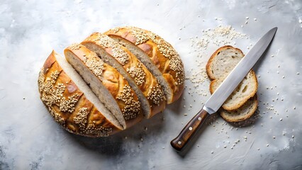 Freshly baked artisan bread sliced with a knife on a textured surface