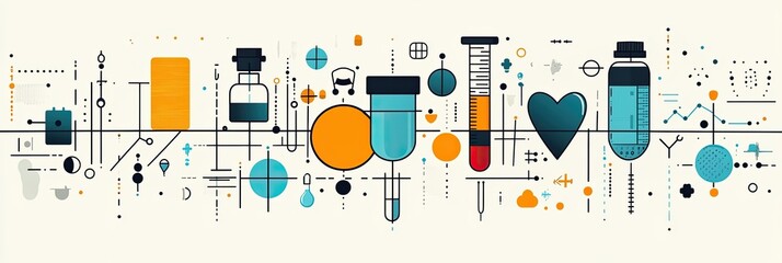 Medical tools, heart, and lines in orange, blue, black