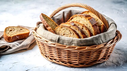 Wicker basket filled with sliced artisan bread on a rustic surface
