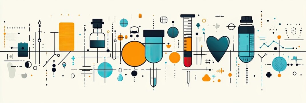 Medical tools, heart, and lines in orange, blue, black