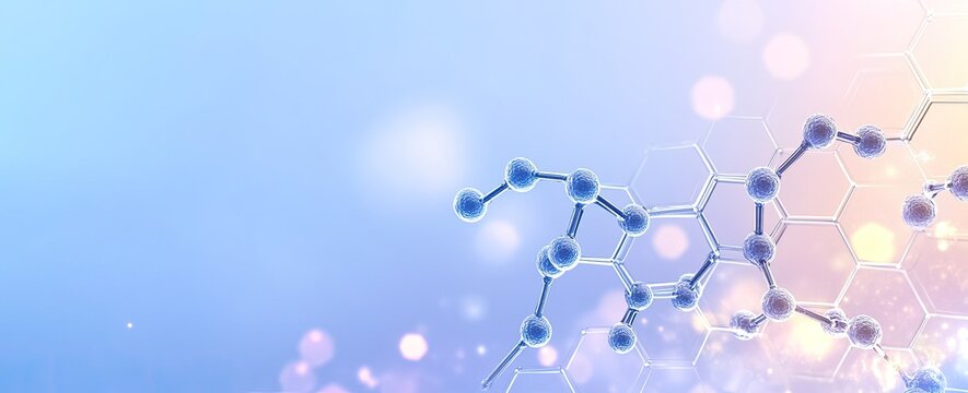 Atom chain over hexagon grid and bokeh on soft blue - Powered by Adobe