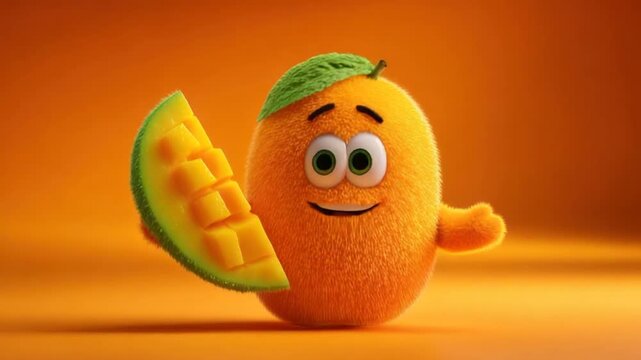 A cute, furry mango character with a mango slice smiles against a vibrant orange background