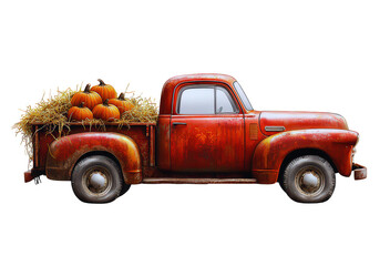 Joyful vintage red pickup truck illustration filled with festive pumpkin and hay
