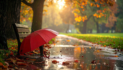 A red umbrella leans against a wooden bench in a park during the rain