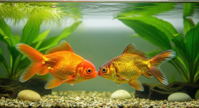Two goldfish facing each other in an aquarium with plants and pebbles, appearing to almost touch noses.