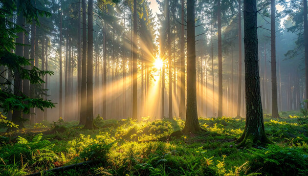 A quiet morning in the dense foggy forest with soft sunlight