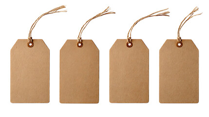 Four blank brown paper tags with string isolated on transparent background