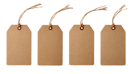 Four blank brown paper tags with string isolated on transparent background