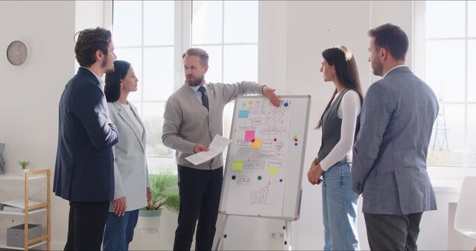 Young confident business man giving presentation for a group of company employees standing in meeting room. Business people listening colleagues with work project on conference. 4k video.
