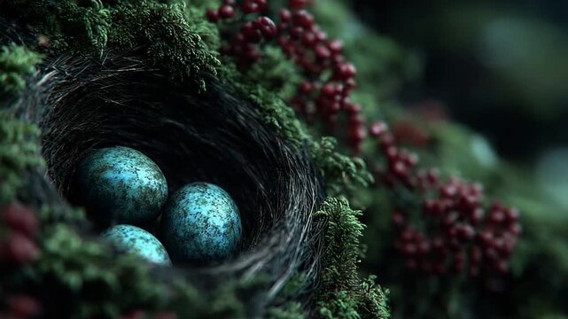Nest with Blue Eggs Surrounded by Greenery and Berries