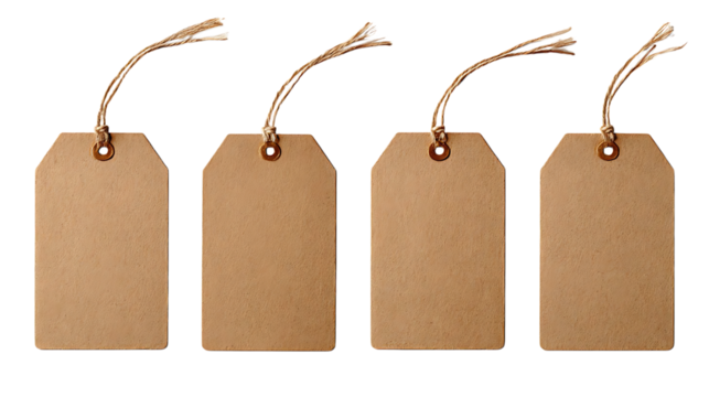Four blank brown paper tags with string isolated on transparent background