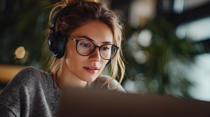 Young Woman with Headphones Engaged in Online Learning Process