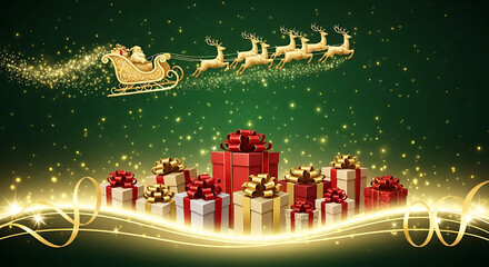 Santa claus flying in his sleigh with reindeer over a pile of christmas gifts on a dark green background with bokeh lights