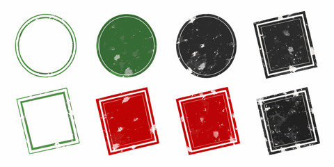 Collection of grunge textured circular and square rubber stamps in green red and black colors