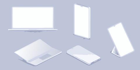 Collection of modern electronic devices including laptops and smartphones displayed from various angles on a clean background