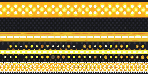 Abstract horizontal stripes with yellow and gold geometric patterns and dots on a dark background