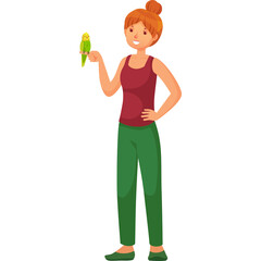 Young Woman Holding a Small Green Bird with Both Hands Standing Upright on a White Background Wearing Casual Clothes