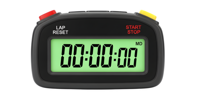Digital stopwatch isolated on transparent background, a precise instrument for measuring time intervals with a clear display and functional buttons
