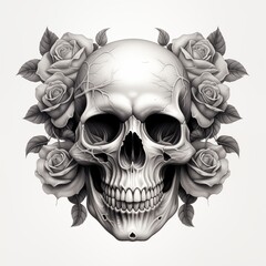 Detailed black and white pencil sketch of a human skull with cracked bone texture, framed by dark, beautifully blooming roses and foliage.