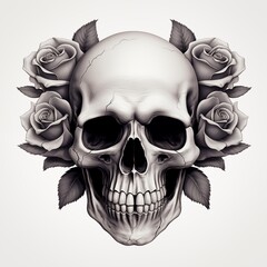 Detailed black and white pencil sketch of a human skull with cracked bone texture, framed by dark, beautifully blooming roses and foliage.