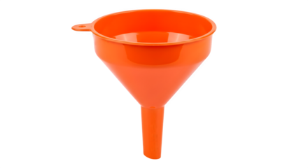 Bright orange plastic funnel isolated on transparent background, essential tool for pouring liquids without spills in various applications