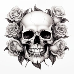 Detailed black and white pencil sketch of a human skull with cracked bone texture, framed by dark, beautifully blooming roses and foliage.