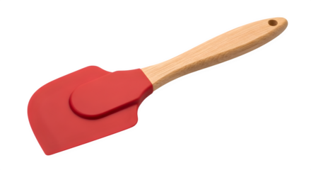 Red silicone spatula with wooden handle isolated on transparent background, a versatile kitchen tool for baking, cooking, and mixing ingredients